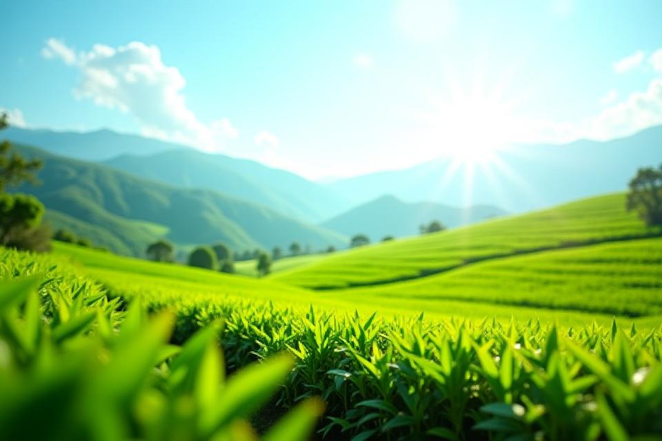 Zöld teaültetvény napfényben, mögötte hegyek. Jelképezi a fenntartható teatermelést.