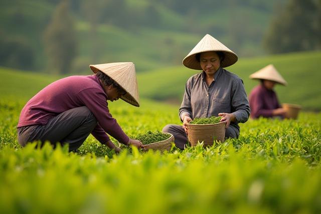 Teapickerek egy teaültetvényen, méltósággal és gondossággal dolgoznak.