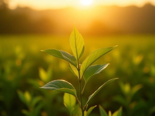 Teaföldek reggeli napfényben, stilizált adatokkal lebegő infografika réteggel