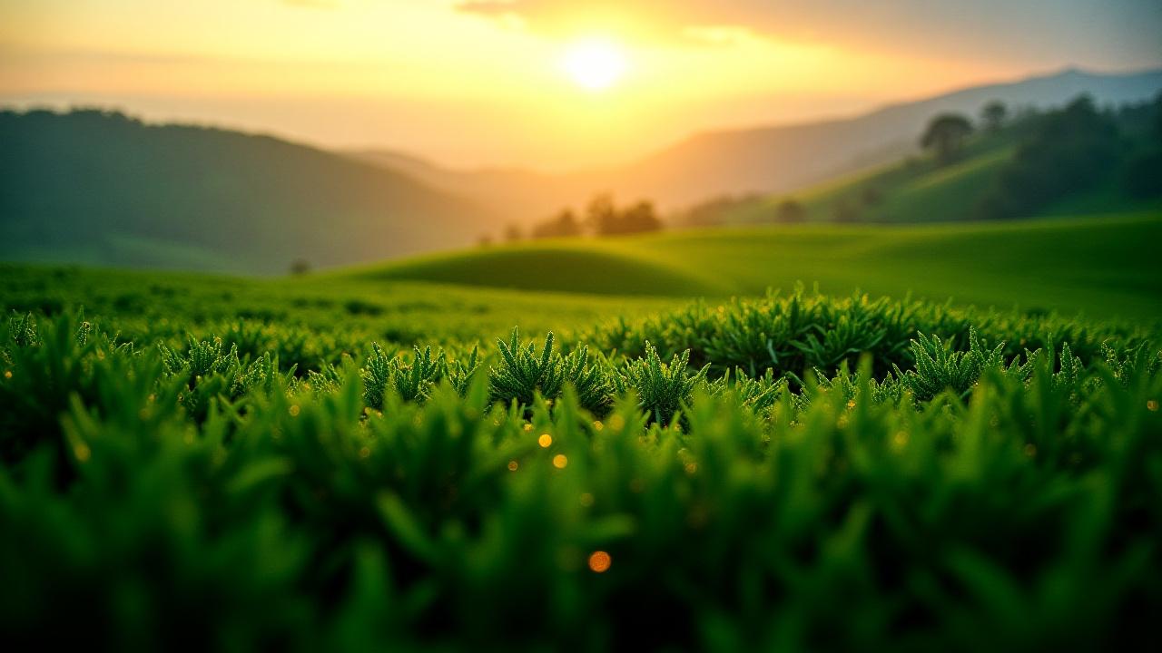 Teaültetvények fotója felülnézetből, napfelkeltekor, ami az ellátási lánc kezdetét jelképezi.