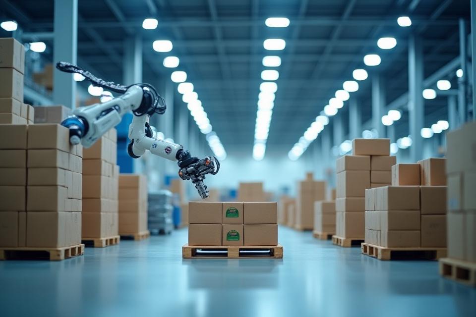 Modern logisztikai raktár tea csomagokkal, robotizált folyamatokkal, hatékonyságot sugallva.