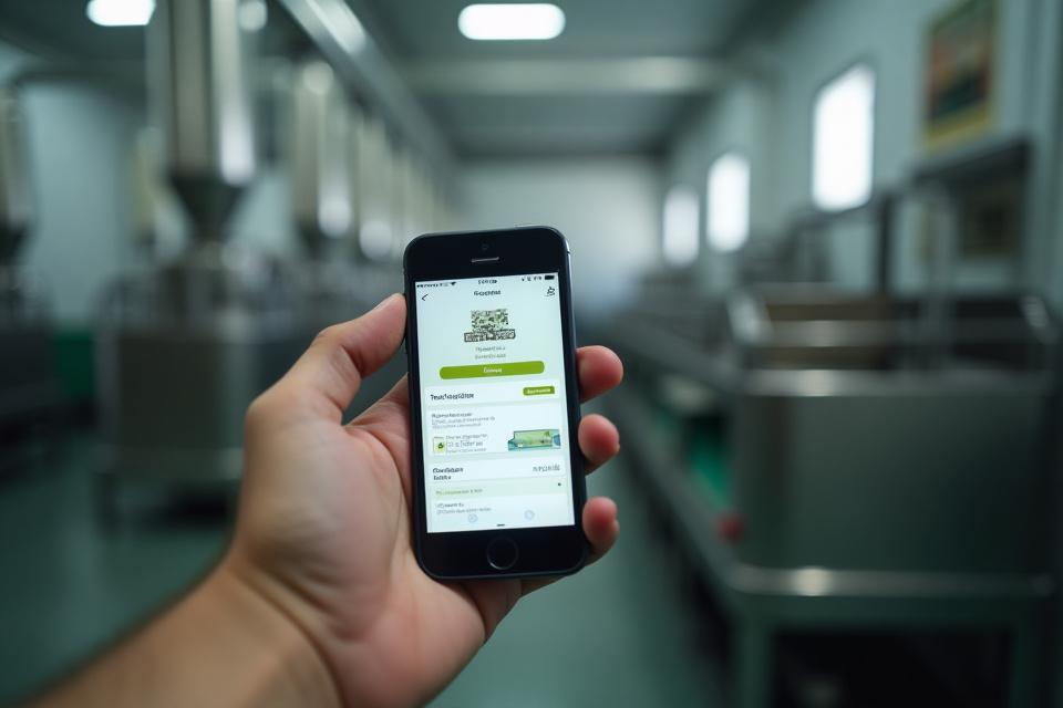 Kéz okostelefonon egy applikációt használva, amin a tea származása és logisztikai adatai láthatók, modern technológiát és nyomonkövetést jelképezve.