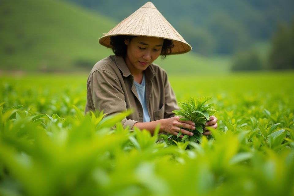 Tea farmer egy teaültetvényen, ellenőrzi a tea leveleket, együttműködési hangulatban.
